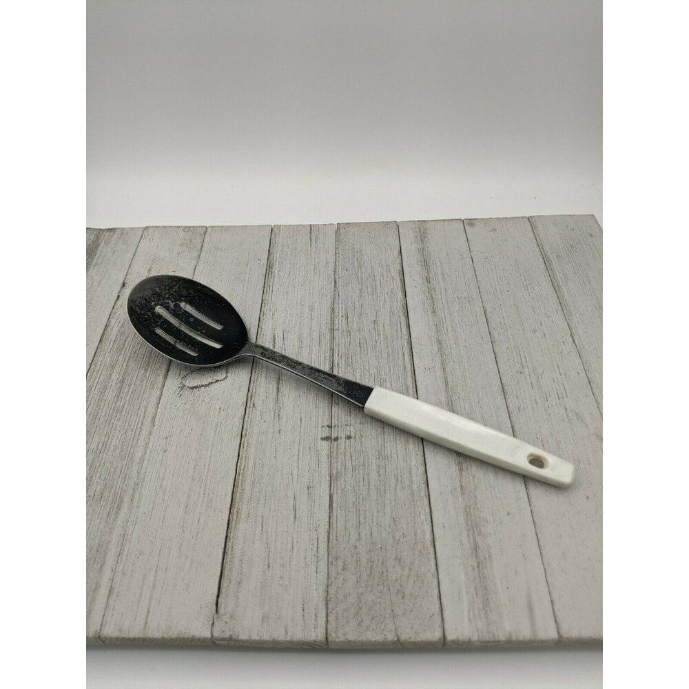 Maynard Stainless Serving Slotted Spoon  11" Vintage White Handle